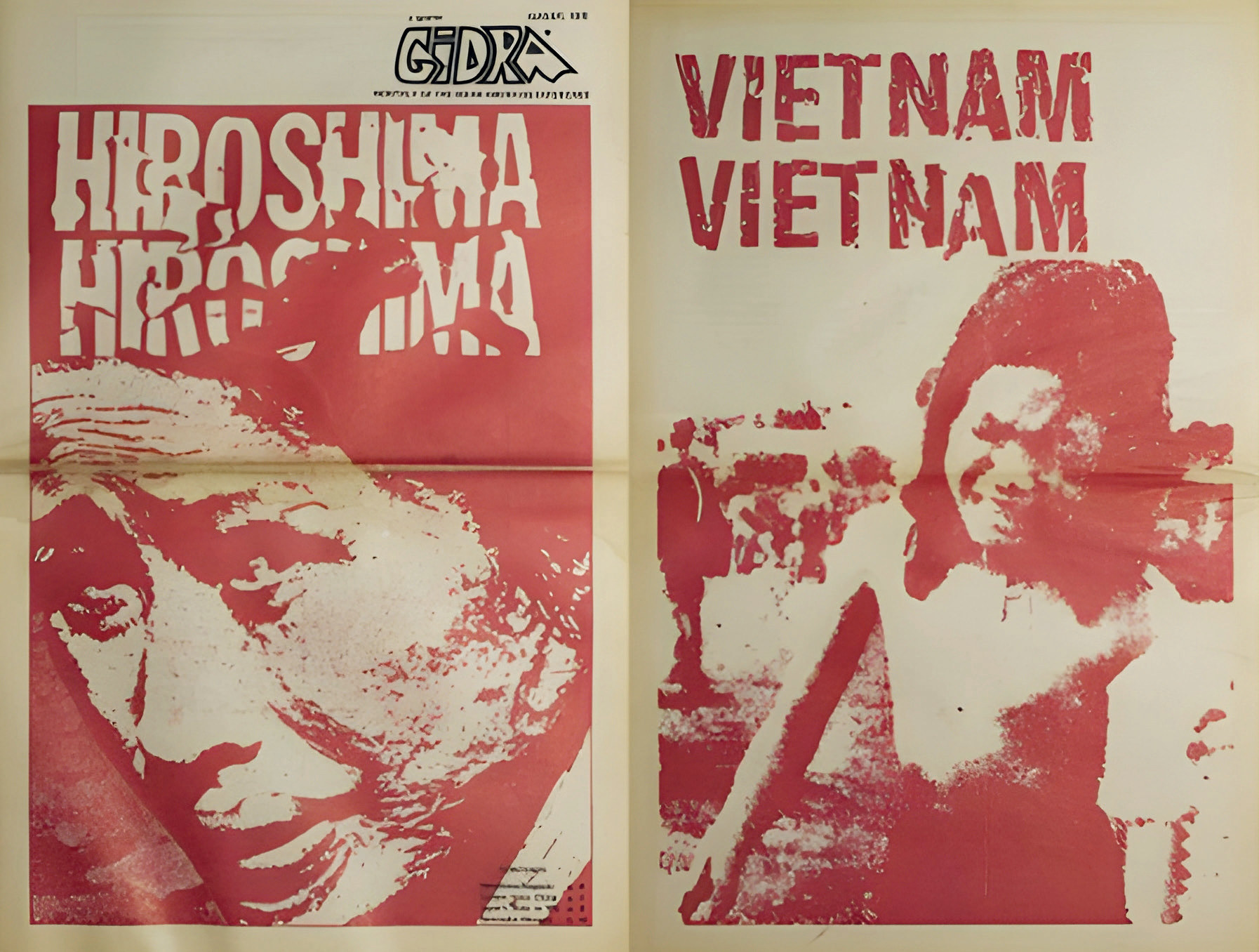 1969’dan 1974’e kadar yayınlanan devrimci bir aylık dergi olan Gidra'nın Ağustos 1972 sayısının ön ve arka kapağı. Bu dönemde sık sık Vietnam’da napalm ve diğer kimyasal silahların kullanılması, Hiroşima'ya atılan atom bombasına benzetiliyordu (Fotoğraf: Gidra, 1972).
