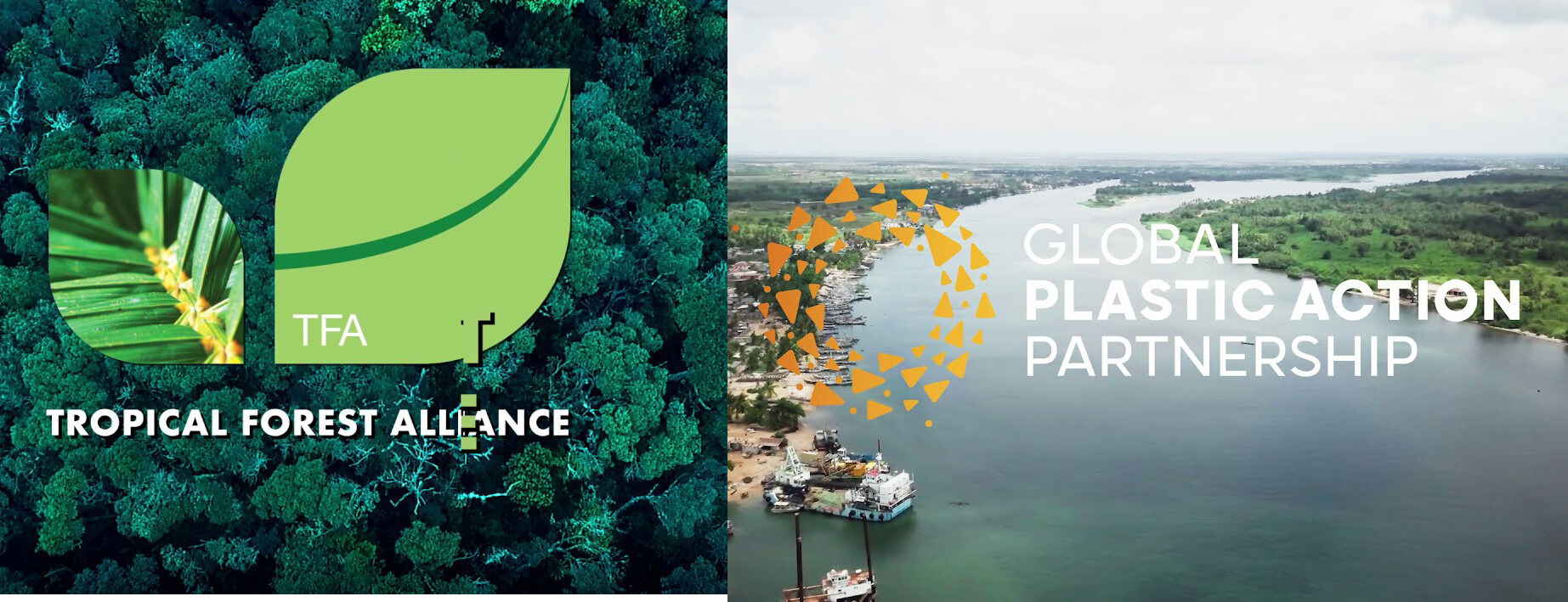 “The World Economic Forum’s membership capital demonstrates structural symbiosis with its corporate members’ capital accumulation processes, materially manifested through capital circuits operationalized in initiatives like the Tropical Forest Alliance and Global Plastic Action Partnership” (Photo: globalplasticaction.org ve tropicalforestalliance.org, n.d.).