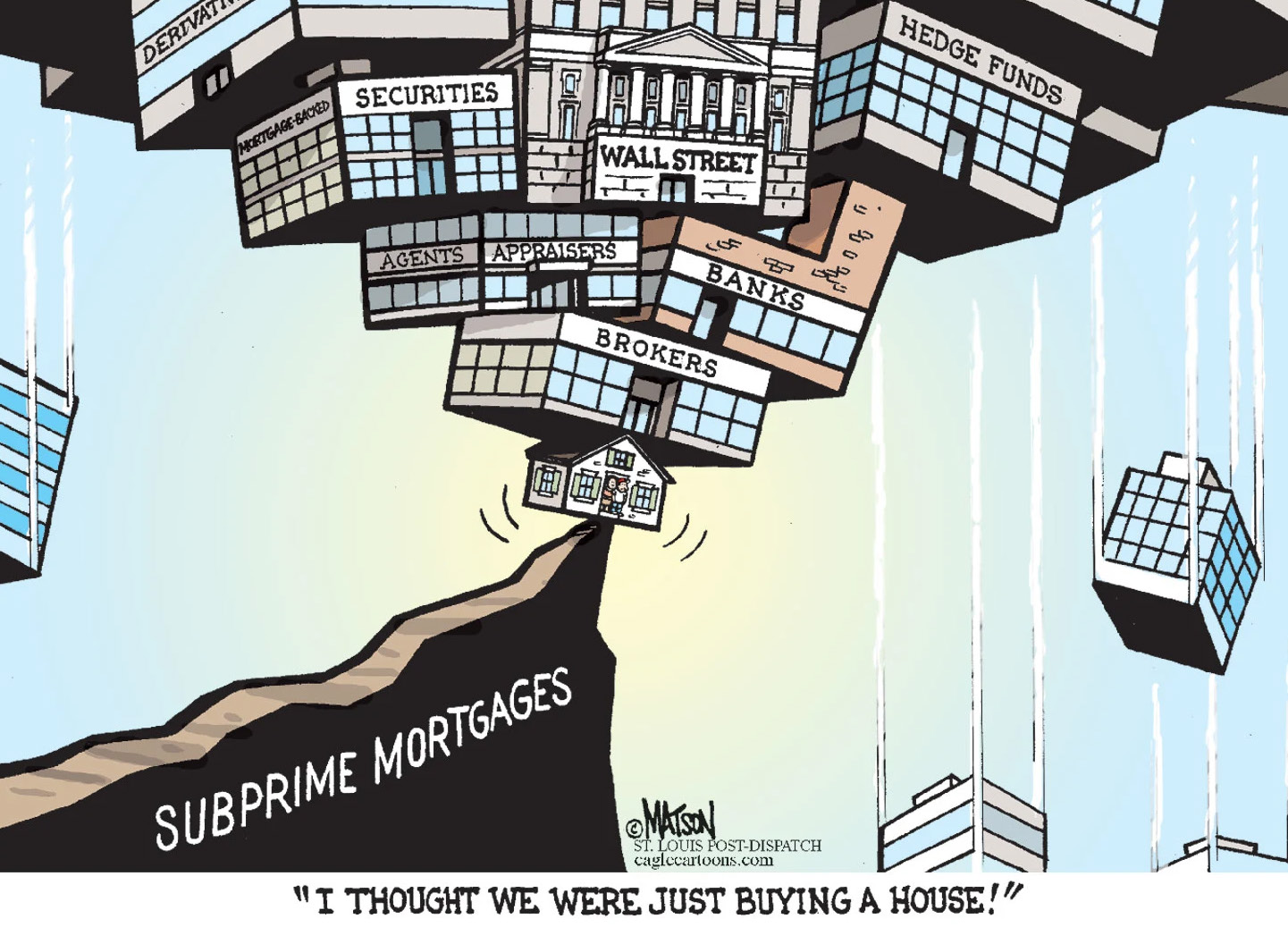 “2008 ABD subprime mortgage krizinin tetiklediği küresel mali krizin de etkisiyle, Batı’daki gelişmiş ülkelerin öncülük ettiği dünyadaki ekonomik küreselleşme eğiliminin tersine dönüşü giderek daha belirgin hale gelmiştir” (Karikatür: Baker Library, t.y.).