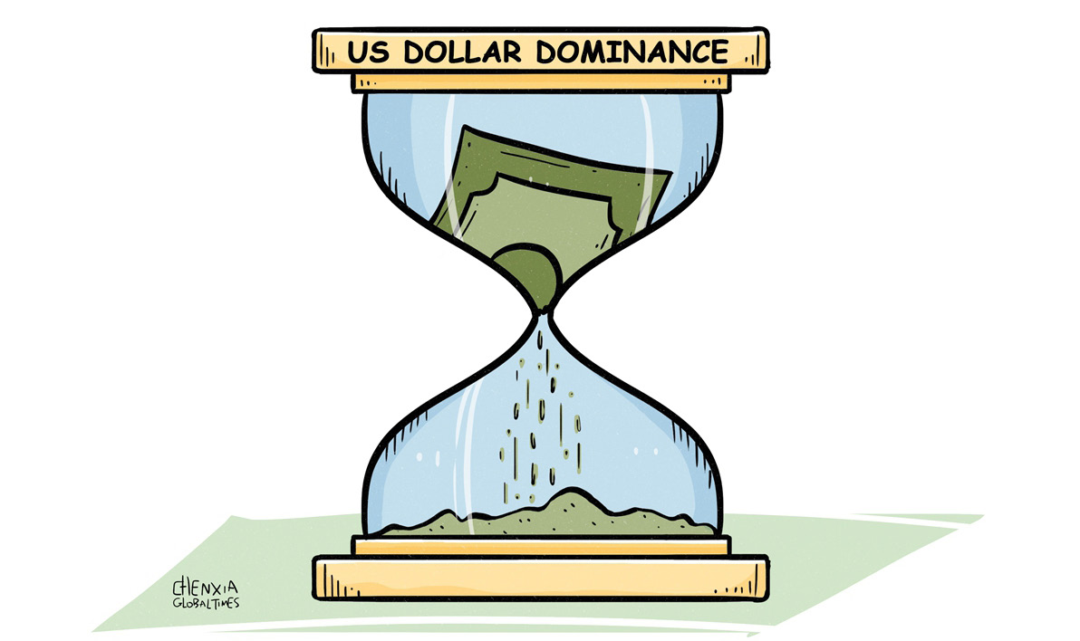 “BRICS countries have pursued de-dollarization: They are settling some trade in local currencies and even discussing a shared payment system” (Cartoon: Global Times, 2022).