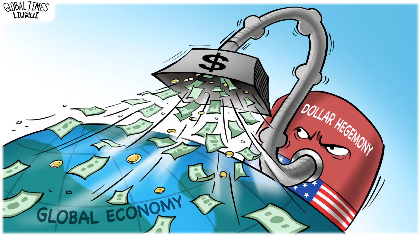“BRICS ve YKB aracılığıyla Çin ve ortakları, kalkınma finansmanını demokratikleştirmek ve Batı liderliğindeki kredi kuruluşlarının hegemonyasını azaltmak amacıyla Güney-Güney işbirliği mekanizmaları oluşturmaktadır” (Karikatür: Global Times, 2024).