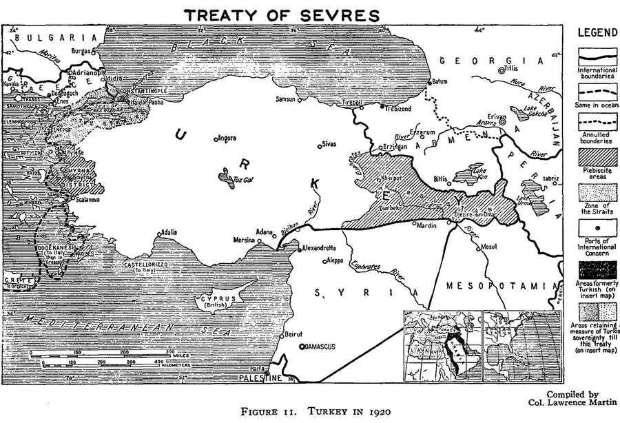 Sevr Antlaşması ile Osmanlı İmparatorluğu’nun kalan topraklarına dair harita (Türk Tarih Kurumu Yayınları, 1953).
