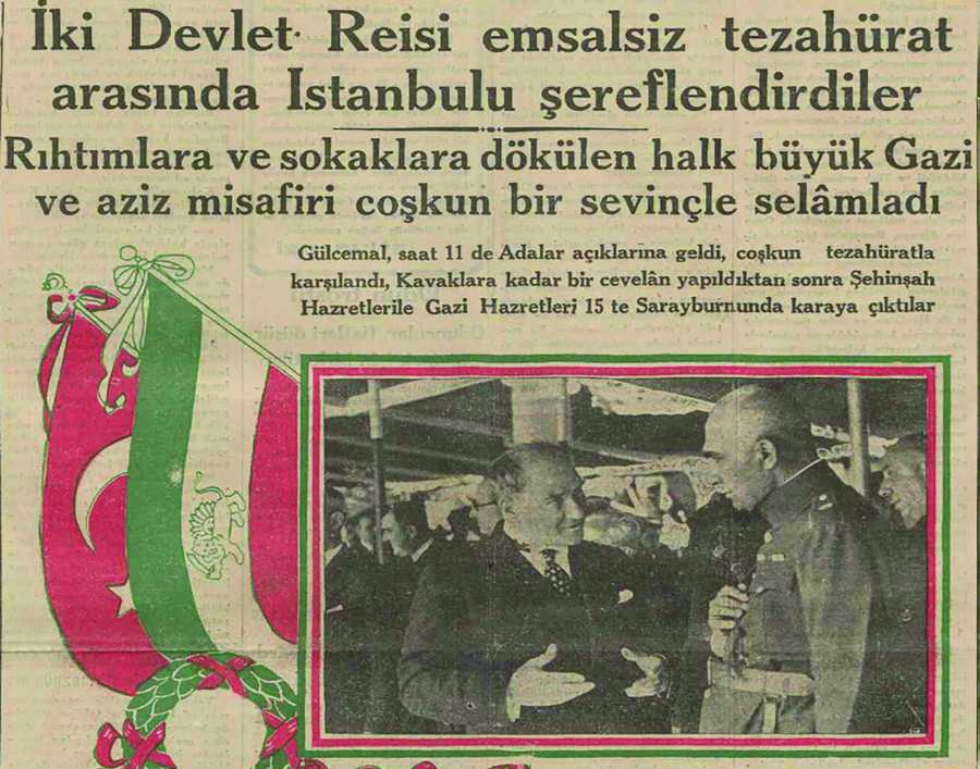 İran Şahı Rıza Pehlevi'nin Türkiye ziyaretinde Mustafa Kemal Atatürk ile yaptığı bir sohbet karesi (Cumhuriyet Gazetesi, 1934).
