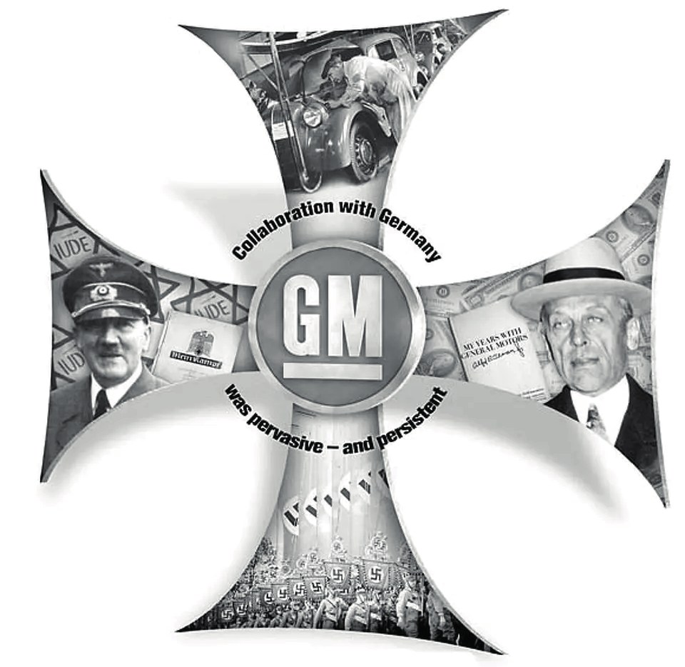 “1935’te başlayan yeniden silahlanmayla, Ford ve GM nihayetinde Wehrmacht için sırasıyla 90.000 ve 130.000 askeri araç üretti” (Çizim: Rick Nobles, Chronicle/Sfgate, 2007).
