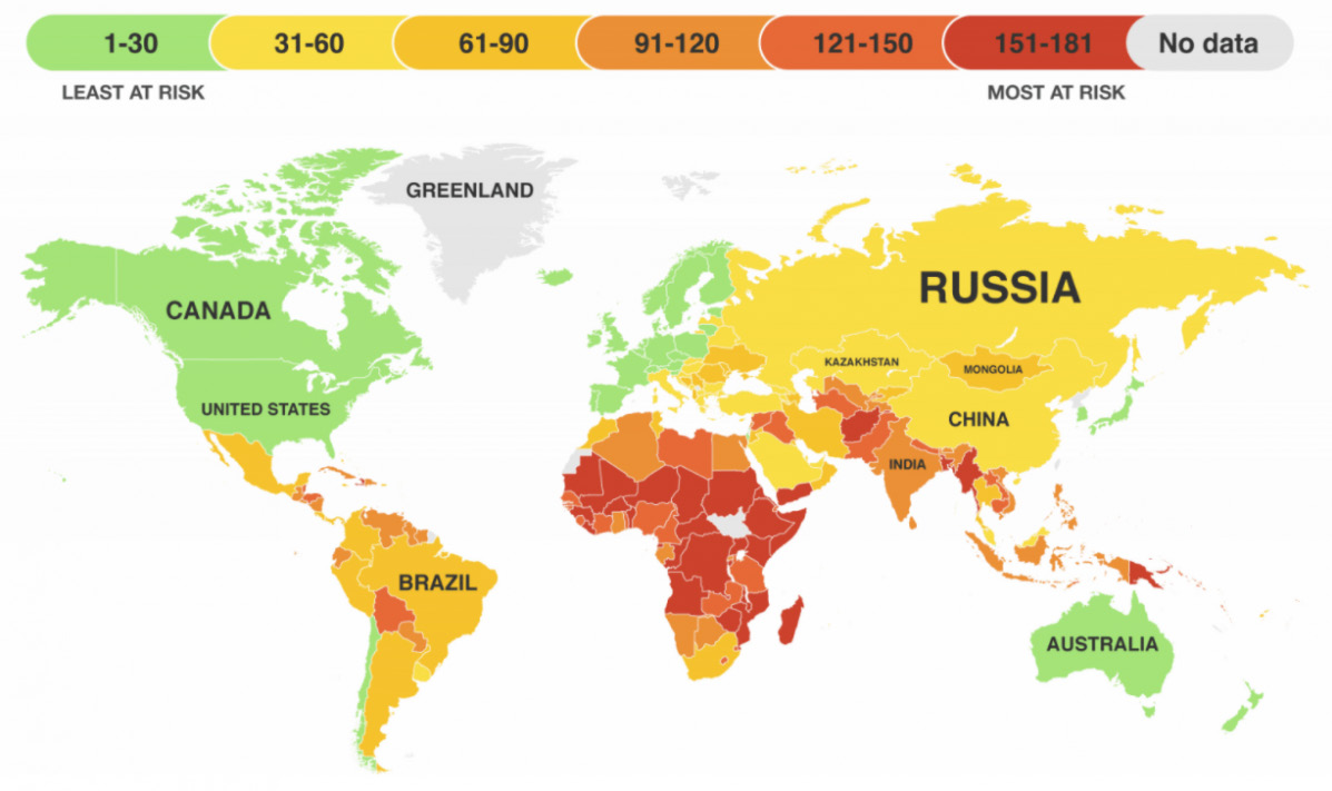The countries most at risk from climate change. Based on data from the University of Notre-Dame’s ND-Gain Index, the map ranks 181 countries on their vulnerability to climate change and how ready they are to adapt to a warming planet (Map: ILRI, 2022).
