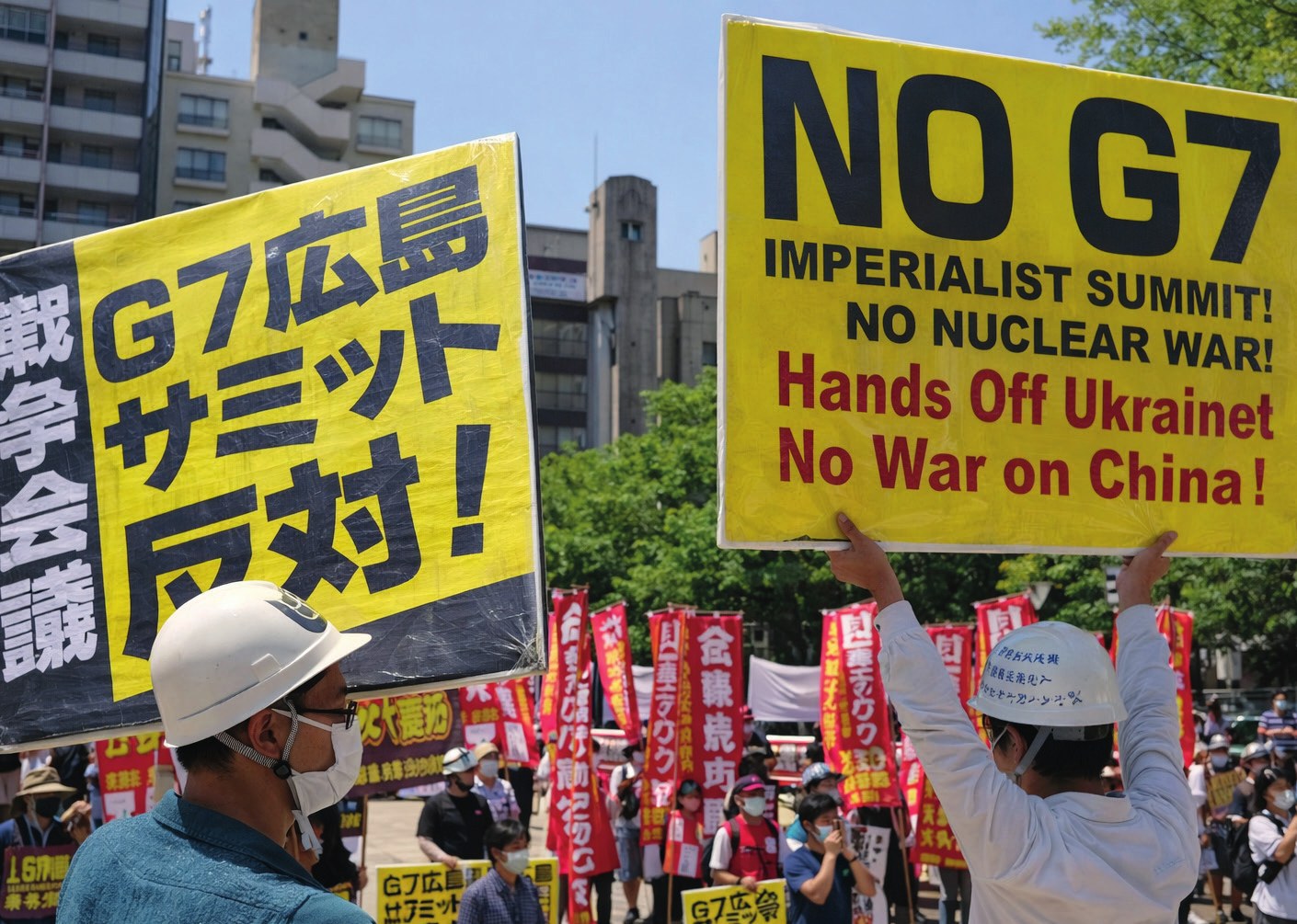 21 Mayıs 2023'te Japonya'nın Hiroşima kentinde G7 Zirvesi'ni protesto etmek için toplanan halk (Fotoğraf: Xinhua, 2023).