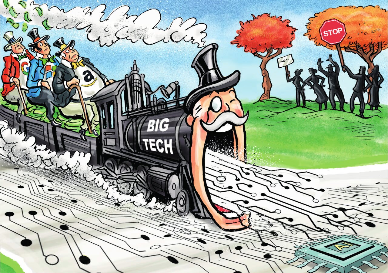 “Tekelleşme, yenilik sistemlerini inşa etmeye çalışan Küresel Güney ülkeleri için ciddi bir zorluk oluşturmaktadır” (Karikatür: CGTN, 2019).