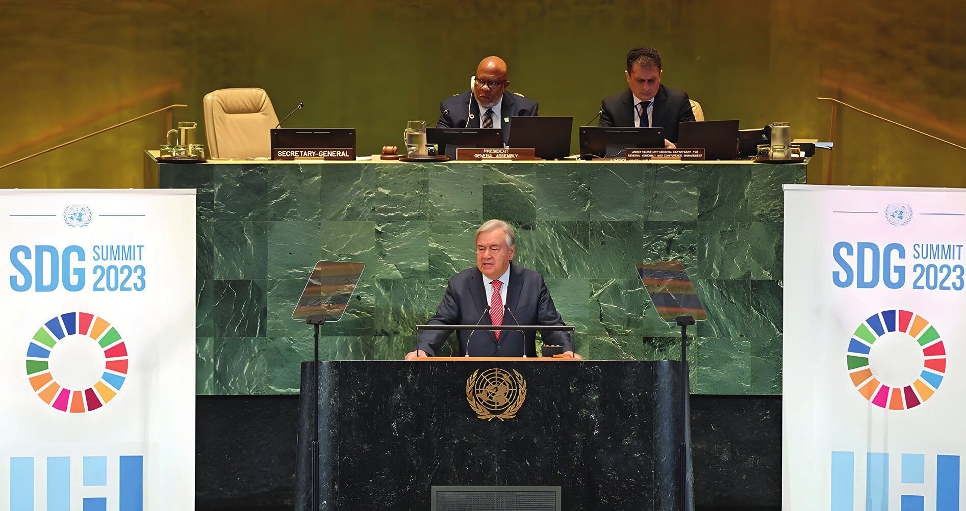 BM Genel Sekreteri Antonio Guterres, KKG’nin 2030 Sürdürülebilir Kalkınma Gündemi’ni ilerletmedeki, küresel eşitliği artırmadaki ve adil sürdürülebilir kalkınmayı kolaylaştırmadaki önemini vurgulamıştır (Fotoğraf: China Daily, 2023).
