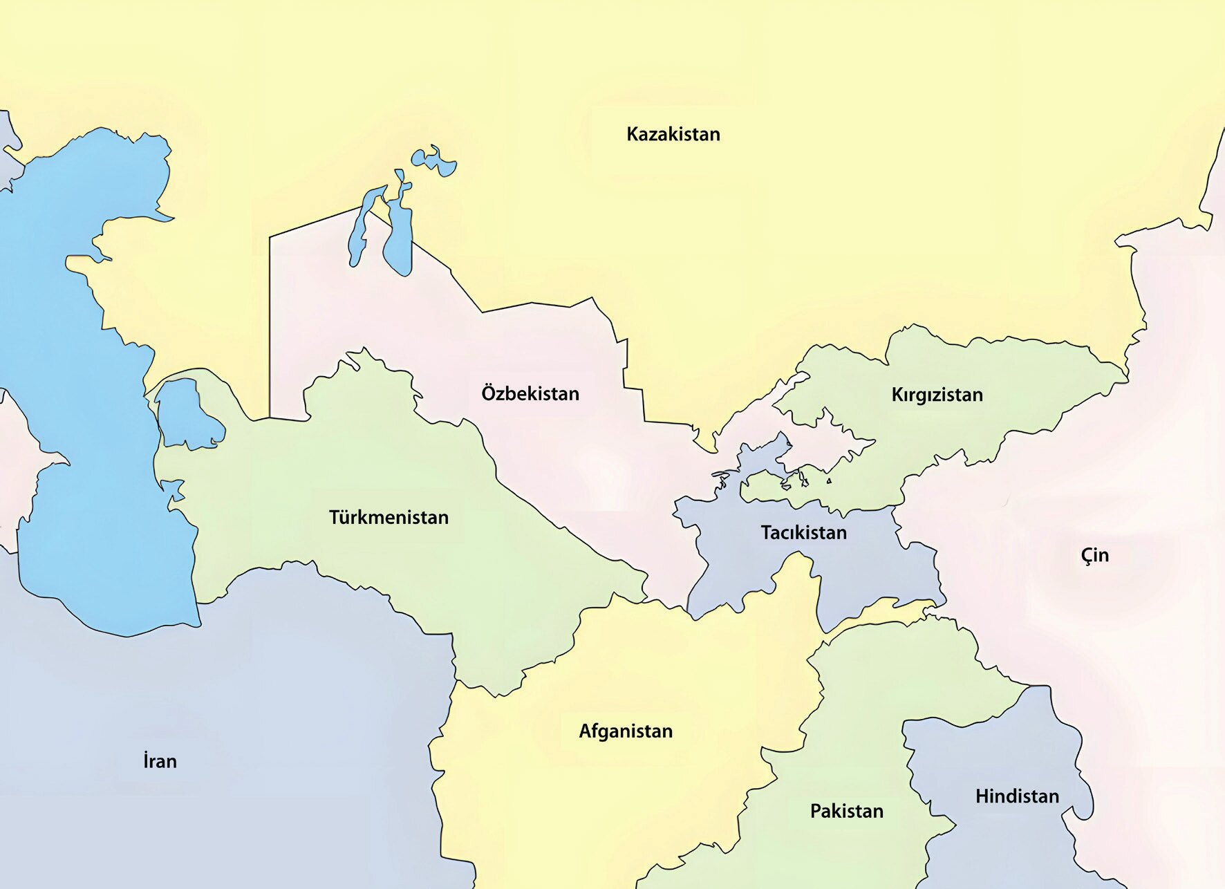 Orta Asya ülkeleri ve komşularını gösteren harita (Harita: d-maps, 2024).
