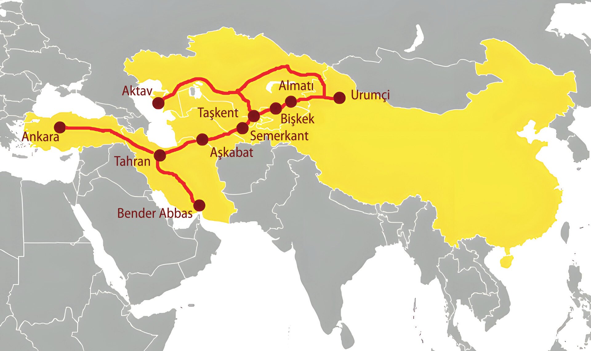 TDT üye devletleri ve Çin-Avrupa arasındaki ulaştırma koridorlarını gösteren harita (Harita: OBOReurope, 2024).